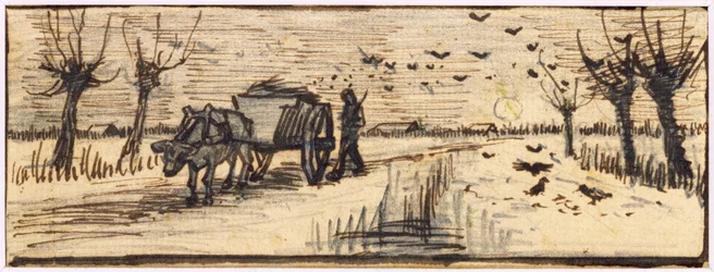 Chariot à bœufs dans la neige, d